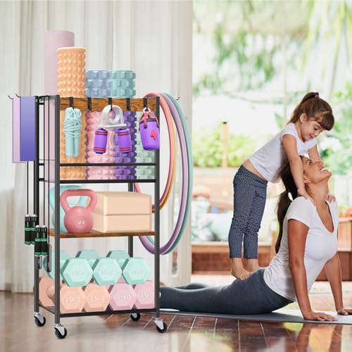 HEOMU Yoga Mat Storage Rack, Home Gym Storage Rack for Dumbbells Kettlebells, Gym Organizer Gym Equipment Storage Cart with Wheels and Hooks, Black