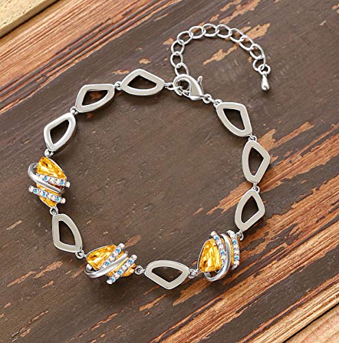 Leafael Wish Stone Necklace, Stud Earrings and Bracelet Jewelry Set for Women, November Birthstone Citrine Yellow Crystal Jewelry, Silver Tone Gifts for Women