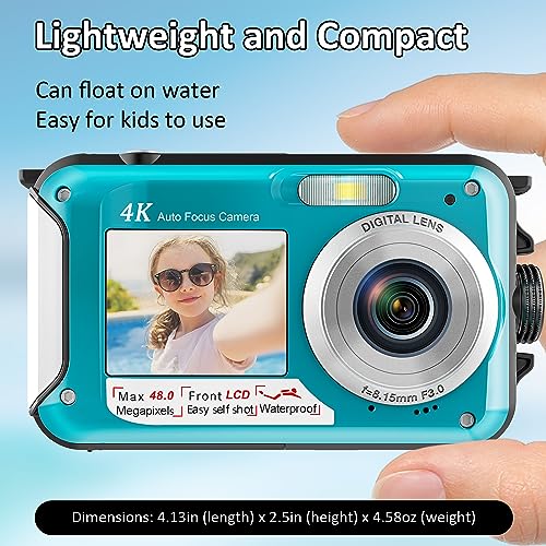 4K Underwater Camera 11FT Waterproof Camera with 32GB Card 48MP Autofocus Dual-Screen Selfie Underwater Camera for Snorkeling Waterproof Compact Floatable Digital Camera 1250mAh Battery Type-C (Blue)