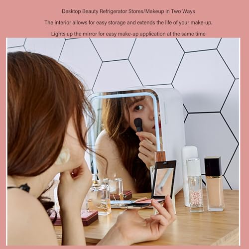 Skincare Fridge with LED Light Mirror, 4L Mirrored Door Makeup Mini Refrigerator for Bedroom, Car, Office, Dorm, Portable Small Personal Beauty Fridge for Cosmetics, Skin