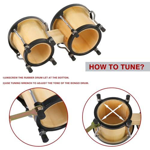 Glory Bongo Drums 4” and 5” Wood Percussion Instrument Bongos with bag and tuning Key,Natural