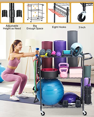 Yoga Mat Storage Rack, Home Gym Workout Equipment Storage Rack, Cart for Organizing Workout Room, Organizer Yoga Equipment Dumbbell Kettlebells Home Gym Storage Rack with Hooks and Wheels