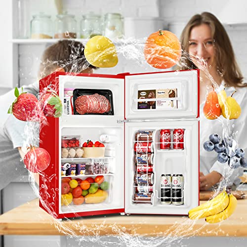 BANGSON Mini Fridge with Freezer, 3.2 CU.FT Small Refrigerator with Freezer, Door Handle, Bottle Opener, For Bedroom, Dorm, Office, Home, Garage or RV, (Red)