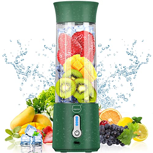 Personal Juicer, Miaoke Portable Blender 17 Oz 6 Leaves High-Speed 304 Stainless Steel Blade 22000 R/Min 4000Ah Type-C Rechargeable 4-Grade power prompt With Portable Removable Cup Lid/DK Green