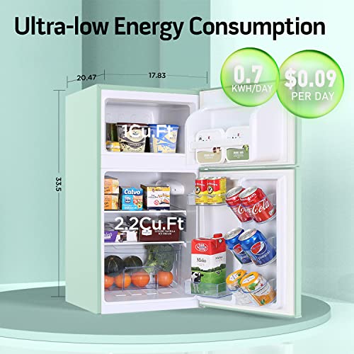 Frestec 3.2 Cu.Ft Mini Fridge for Bedroom, Mini Refrigerator with freezer, Dorm Fridge with Freezer, 2 Doors Perfect for Room and Office, Adjustable Temperature(with Handle, Green)