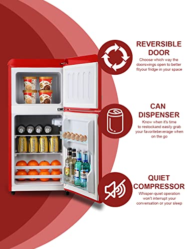 KRIB BLING Retro Fridge With Freezer,3.5 Cu. Ft Refrigerator With 2 Doors,7- Level Adjustable Thermostat, Removable Glass Shelves For Bedroom, Office, Kitchen, Apartment, Dorm, Red