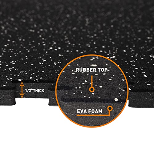 1/2inch Thick 48 Sq Ft Rubber Top High Density EVA Foam Exercise Gym Mats 12 Pcs - Interlocking Puzzle Floor Tiles for Home Gym Heavy Workout Equipment Flooring - 24 x 24in Tile, Black&Grey