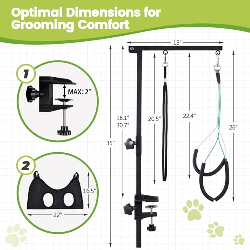 Dog Grooming Table Arm with Hammock - 35" Height Adjustable Dog Grooming Arm with Clamp, Hammock, and No-Sit Haunch Holders - Ideal for Small & Medium Pets