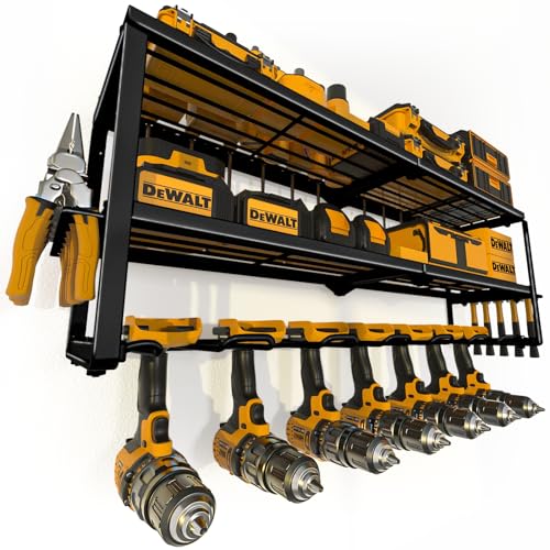 Power Tool Organizer for Tool Storage, Drill Holder Wall Mount with Charging Station, Tool Holder and Storage Rack for Garage Organization, Heavy Duty Metal Tool Shelf with Battery Holder