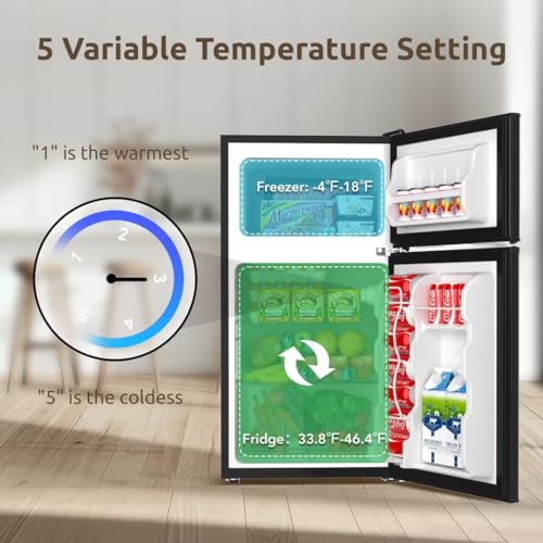 BANGSON Mini Fridge with Freezer, 2 Door Small Refrigerator with Freezer, Mini Fridge for Bedroom, 3.2 CU.FT, For Home, Office, Dorm, Garage or RV, (Black)