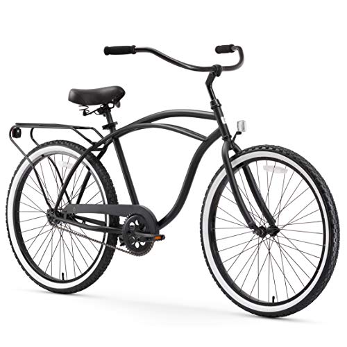 sixthreezero Around The Block Men's Beach Cruiser Bike, Single Speed Step-Through Touring Hybrid Bicycle with Rear Rack, 26 Inch Wheels, Matte Black