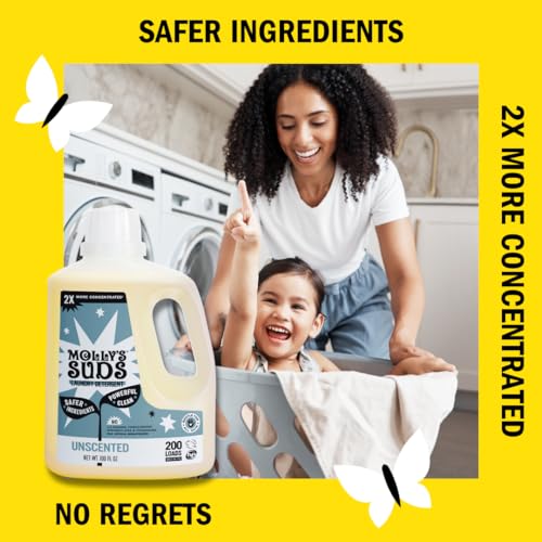 Molly's Suds Liquid Laundry Detergent | Natural Laundry Detergent Soap for Sensitive Skin | 2x Concentrated, High Efficiency (HE) | Unscented - 100 Loads