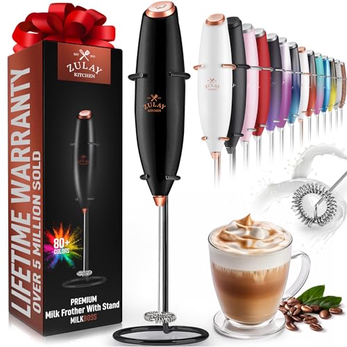 Zulay Kitchen Powerful Milk Frother Wand - Ultra Fast Handheld Drink Mixer - Electric Whisk Foam Maker for Coffee, Lattes, Cappuccino, Frappe, Matcha & Coffee Creamer - Milk Boss Black & Copper