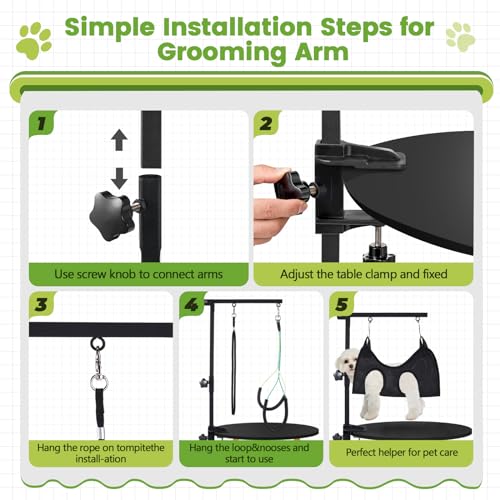 Dog Grooming Table Arm with Hammock - 35" Height Adjustable Dog Grooming Arm with Clamp, Hammock, and No-Sit Haunch Holders - Ideal for Small & Medium Pets