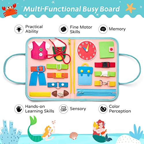 Busy Board Sensory Toys for Toddlers 1 2 3 4, Toddler Travel Activities Educational Toys, Montessori Toys for 2 3 4 Year Old Girls Gift, Mermaid