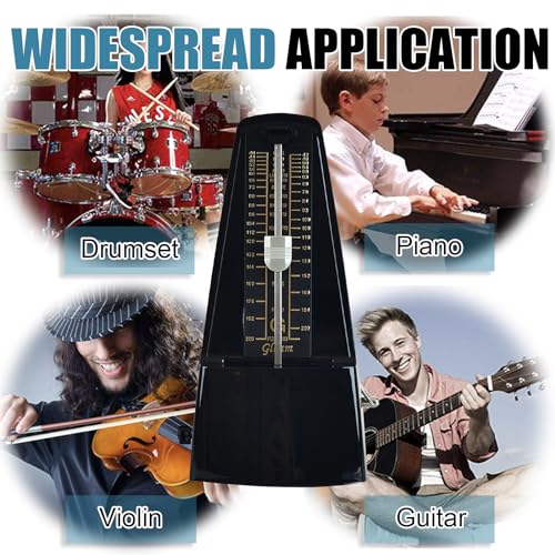 GLEAM Metronome - Mechanical Spring Power with Free Bag for Piano Guitar Violin Drums and Other Instruments Loud Sound Black