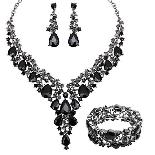 CSY Elegant Crystal Costume Jewelry Sets Flower Bridal Necklace Earrings Stretch Bangle Set for Bride Bridesmaid Wedding Dress Accessories