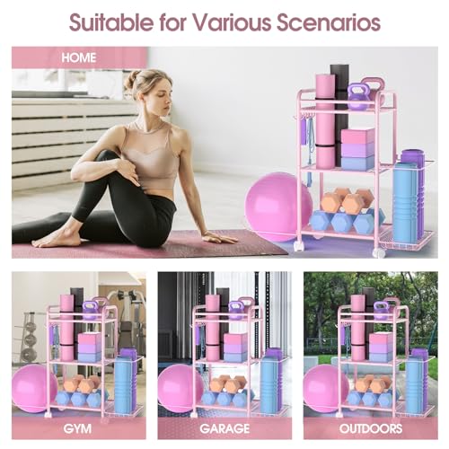 Home Gym storage Rack - Gym Equipment Storage Rack for Yoga Mat Yoga Ball Dumbbells Kettlebells Foam Roller Yoga Strap and Resistance Bands Workout Equipment Organizer
