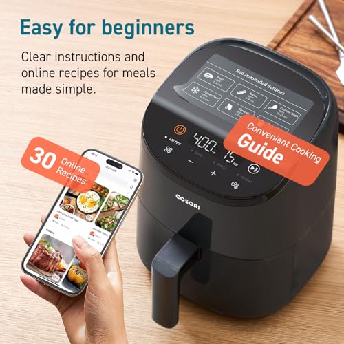COSORI Mini Air Fryer 2.1 Qt, 4-in-1 Small Airfryer, Bake, Roast, Reheat, Space-saving & Low-noise, Nonstick and Dishwasher Safe Basket, 30 In-App Recipes, Sticker with 6 Reference Guides, Grey