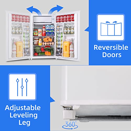 BANGSON Mini Fridge with Freezer, 3.2Cu.Ft, Reversible Door Mini Fridge, 5 Adjustable Temperatures, 38dB Low Noise, Small Refrigerator for Bedroom, Office, and Dorm, White…