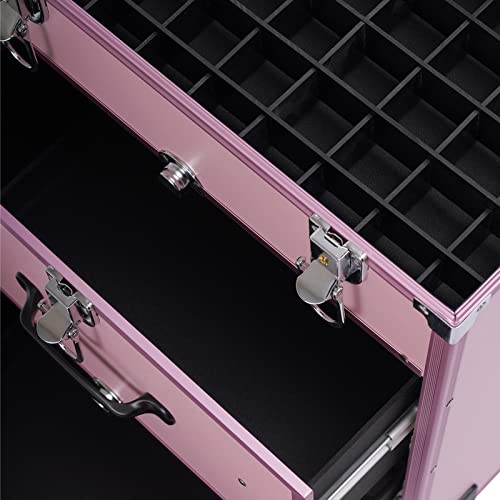 Rolling Makeup Case 3-Tier Cosmetic Trolley Case Large Professional Salon Storage Organizer with Adjustable Divider for Beauty Personal Care (Pink)