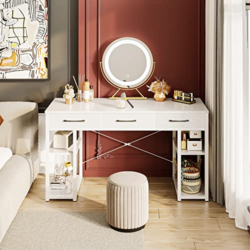 ODK 47" Small Office Computer Desk: Home Table with Drawers Wood Storage Shelves, Modern Work Writing Desk, White + White Leg
