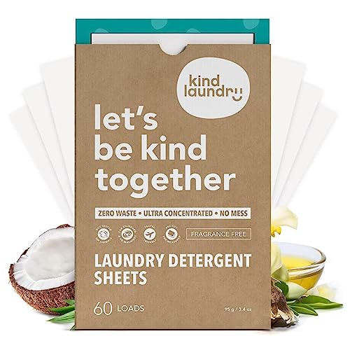 Kind Laundry Detergent Sheets with Powerful Stain-Fighting Enzymes - Biodegradable Plant Powered Eco-Friendly Laundry Soap Sheets - Home or Travel Laundry Detergent (Fragrance Free, 60 Loads)