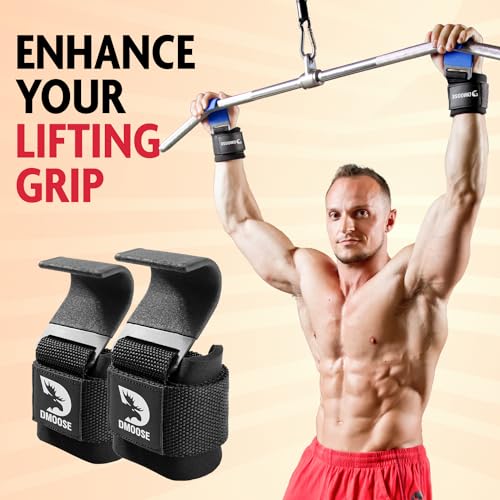 DMoose Fitness Weight Lifting Hooks (Pair), Hand Grip Support Wrist Straps for Men and Women, 8 mm Thick Padded Neoprene, Deadlift, Powerlifting, Pull up bar, Liftups, Shrugs
