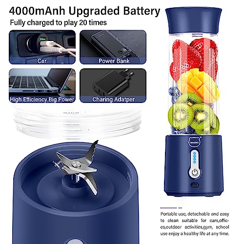 Personal Juicer, Miaoke Portable Blender 17 Oz 6 Leaves High-Speed 304 Stainless Steel Blade 22000 R/Min 4000Ah Type-C Rechargeable 4-Grade power prompt With Portable Removable Cup Lid/Dark Blue
