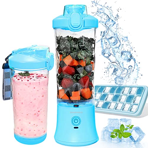 Portable Blender 20 Oz, Personal Size Blender for Shakes and Smoothies with Ice Cube Tray, Mini Small Smoothie Blender Bottles for Kitchen Home Gym Sports Travel (Blue Blender+ice cube tray)