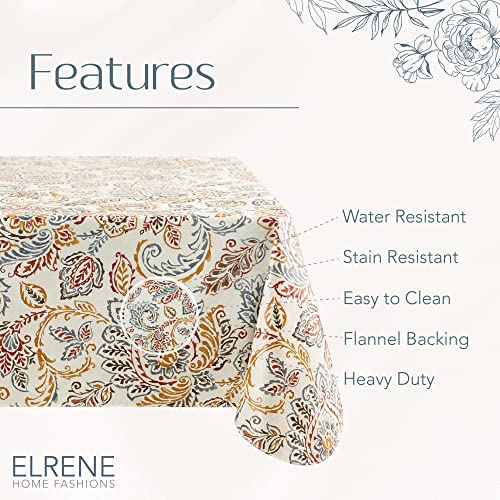 Elrene Home Fashions Ava Floral Jacobean Water- and Stain-Resistant Vinyl Tablecloth with Flannel Backing, 52 Inches X 70 Inches, Rectangle
