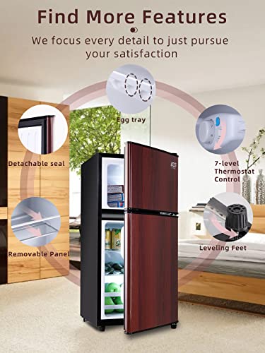 KRIB BLING Compact Refrigerators with Freezer on Top, Mini Fridge with 7- Level Adjustable Thermostat, Small Refrigerator for Apartment, Office, Dorm, Wood