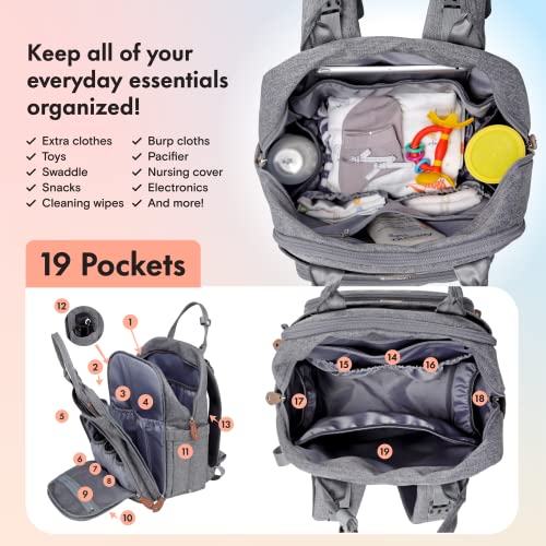 Dikaslon Diaper Bag Backpack with Portable Changing Pad, Pacifier Case and Stroller Straps, Large Unisex Baby Bags for Boys Girls, Multipurpose Travel Back Pack Moms Dads, Gray