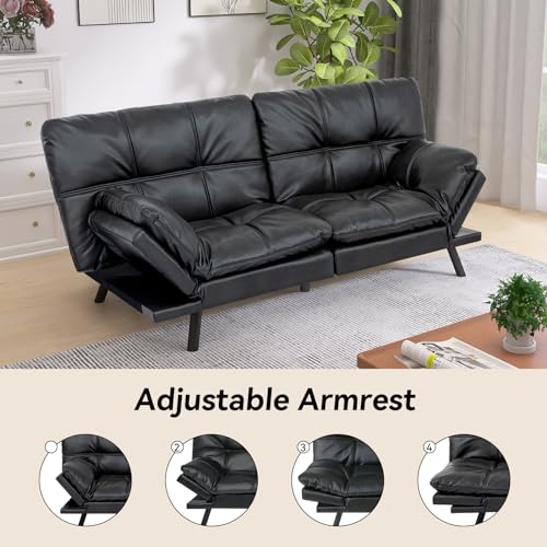 Convertible Futon Sofa Bed Couch,Memory Foam Futon Couch Bed,Loveseat Sleeper Sofa Bed,Small Splitback Faux Leather Modern Sofa Couch for Living Room,Office,Apartment,Matte Black