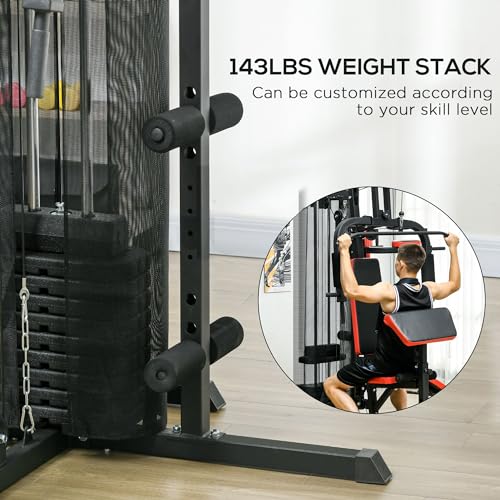 Soozier Multi Gym Workout Station with 143lbs Weight Stack, Home Gym Equipment with Sit up Bench, Push up Stand, Dip Station, Adjustable, for Full Body Strength Training