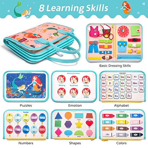Busy Board Sensory Toys for Toddlers 1 2 3 4, Toddler Travel Activities Educational Toys, Montessori Toys for 2 3 4 Year Old Girls Gift, Mermaid
