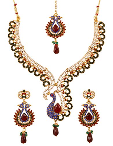 Touchstone Indian Bollywood White Rhinestone Blue Faux Sapphire deep red Faux Ruby and Faceted Glass Drops Ethnic Peacock Motif Bridal Designer Jewelry Necklace Set for Women in Antique Gold Tone