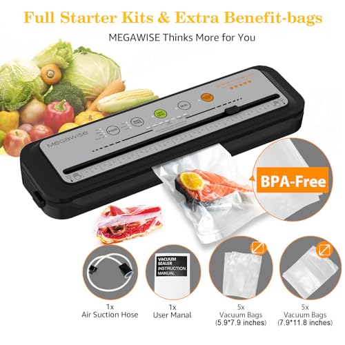 2023 Updated Vacuum Sealer Machine, MEGAWISE Food Sealer w/Starter Kit, Dry & Moist Food Modes, Compact Design with 10 Vacuum Bags & Bulit-in Cutter(Grey)