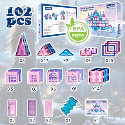 102pcs Frozen Princess Castle Magnetic Tiles Building Blocks - 3D Diamond Blocks, STEM Educational Toddler Toys for Pretend Play, 4 Year Old Girl Birthday Gifts Kids Ages 3 5 6 7 8