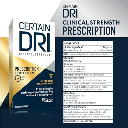 Certain Dri Prescription Strength Clinical Antiperspirant Roll-On Deodorant, Hyperhidrosis Treatment for Men & Women, Unscented, 1.2 Fl oz, 1 Pack