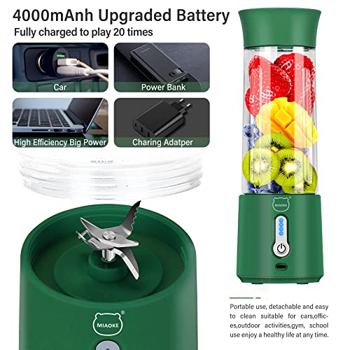 Personal Juicer, Miaoke Portable Blender 17 Oz 6 Leaves High-Speed 304 Stainless Steel Blade 22000 R/Min 4000Ah Type-C Rechargeable 4-Grade power prompt With Portable Removable Cup Lid/DK Green