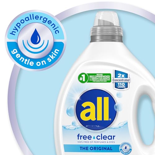 all Liquid Laundry Detergent, Free Clear for Sensitive Skin, Unscented and Hypoallergenic, 2X Concentrated, 110 Loads