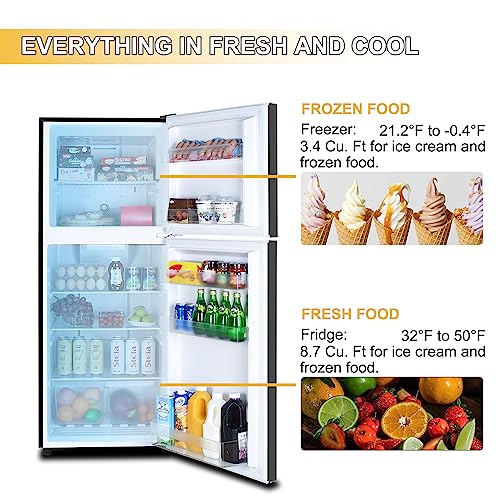Frestec 12.1 CU' Refrigerator with Freezer, Apartment Size Refrigerator Top Freezer, 2 Door Fridge with Adjustable Thermostat Control, Freestanding, Door Swing, Black (FR 1202 BK)
