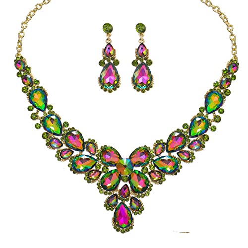 Women's Wedding Bridal Austrian Crystal Glass Teardrop Costume Statement Necklace Dangle Earrings Wedding Party Prom Jewelry Set for Bridal Bridesmaid