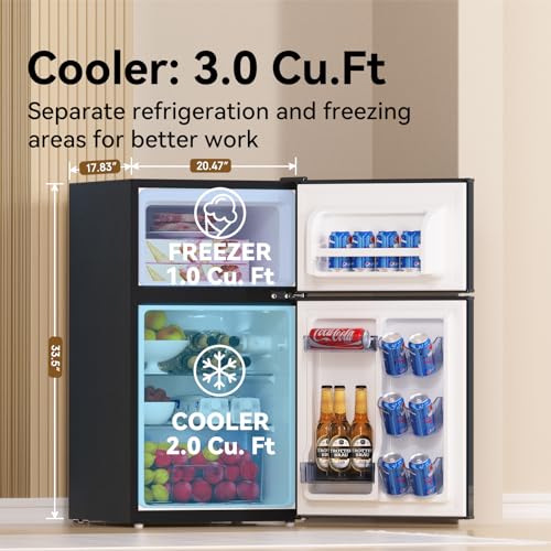 3.0 Cu.Ft Compact Refrigerator with 2 Doors, Mini Fridge with Freezer, 37dB Quiet, 7-Settings Mechanical Thermostat, LED Lights, Small Refrigerator for Bedroom Office, Dorm or Garage, Black