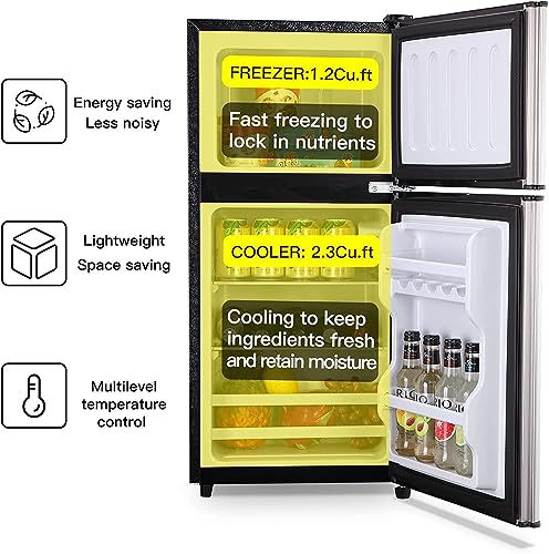 Two Door Mini Fridge with Freezer 3.4 cu.Ft, 7 Level Adjustable Thermostat for Dorm, Office, Bedroom, Apartment - Silver