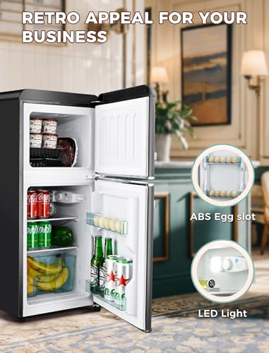 3.2 Cu.Ft Compact Refrigerator Mini Fridge with Freezer, Retro Double Door Small Fridge, 7 Level Thermostat Removable Shelves, Small Refrigerator for Dorm, Office, Bedroom, Black