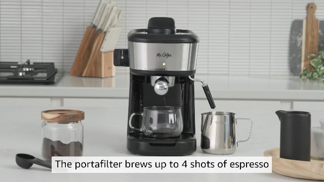 Mr. Coffee Espresso and Cappuccino Machine, Single Serve Coffee Maker with Milk Frothing Pitcher and Steam Wand, 20 ounces, Stainless Steel,Black
