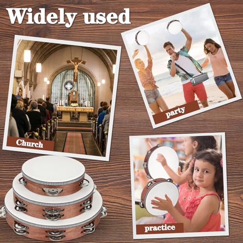 Tambourine, Tambourines for Adults, 3 PCS Wooden Hand Held Percussion Tambourine with Storage Bag, Tambourines Musical Instrument for Church, Wedding, Party, Dance, Photo Shoot(6+8+10 Inches)