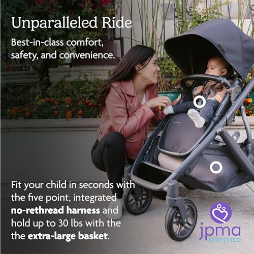 UPPAbaby Vista V2 Stroller/Convertible Single-to-Double System/Bassinet, Toddler Seat, Bug Shield, Rain Shield, and Storage Bag Included/Gregory (Blue Mélange/Silver Frame/Saddle Leather)